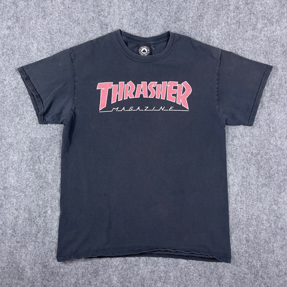 Y2K Thrasher Magazine T-Shirt Mens Small Black Pink Logo Fade Distressed Skate
